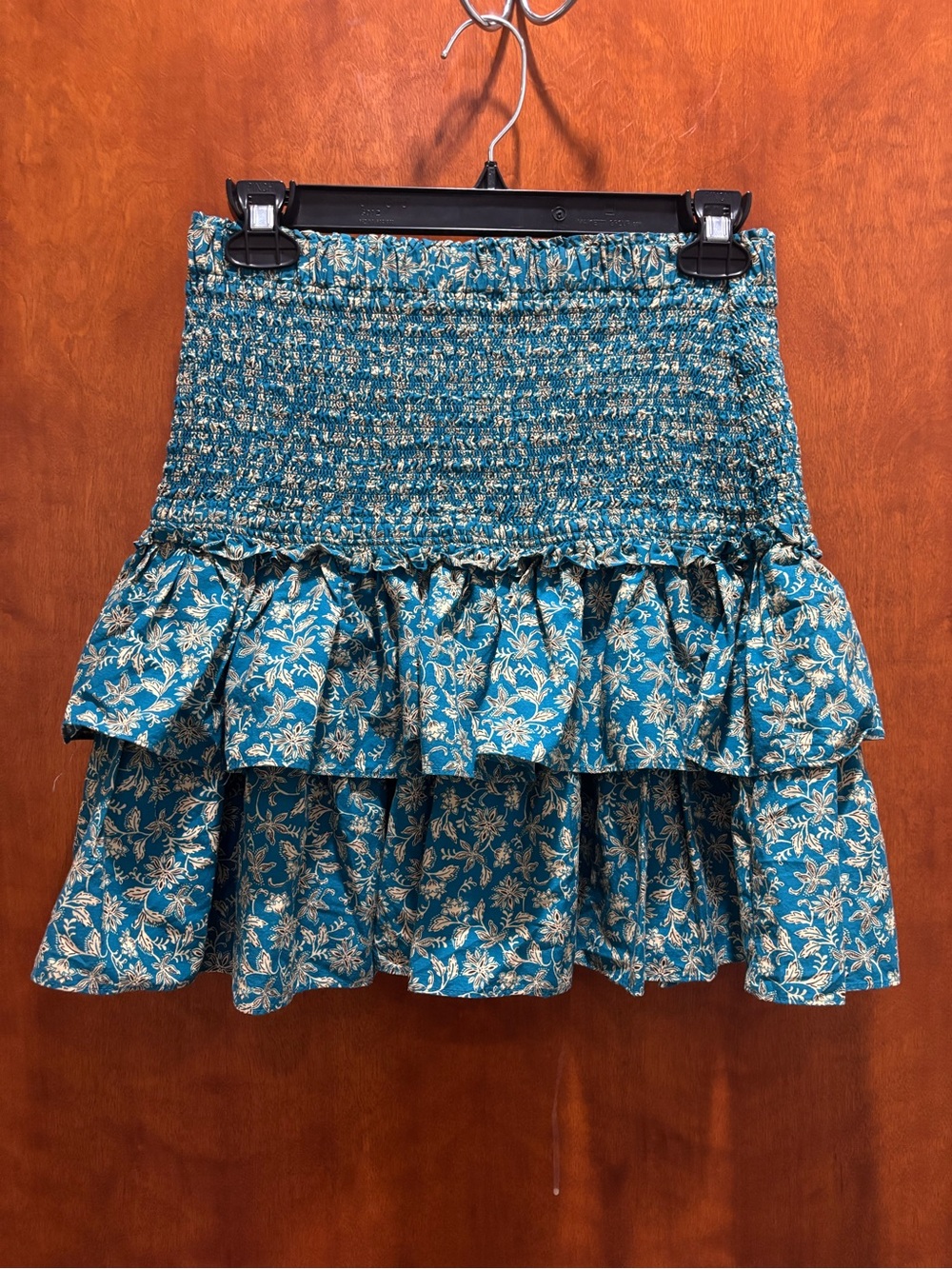 Madewell Teal Floral Ruffle Smocked Mini Skirt